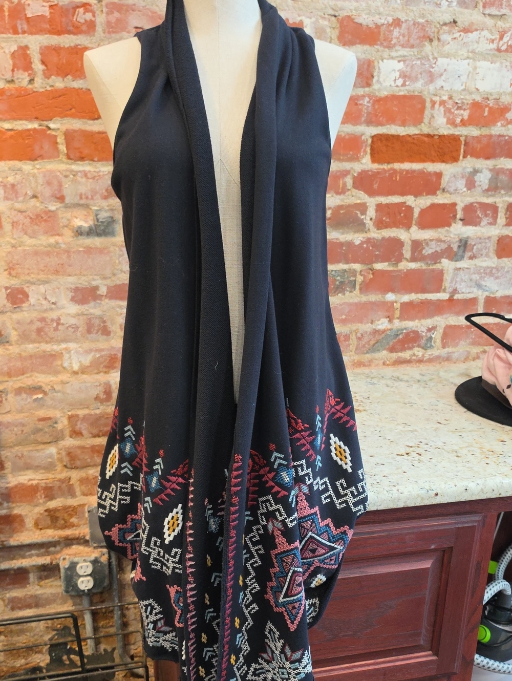 Johnny Was Black Sleeveless Cardigan with Multicolor Embroidery